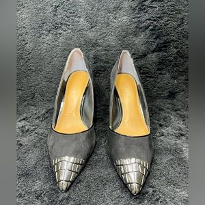 Black Suede J.Renee Pumps with silver crocodile detail